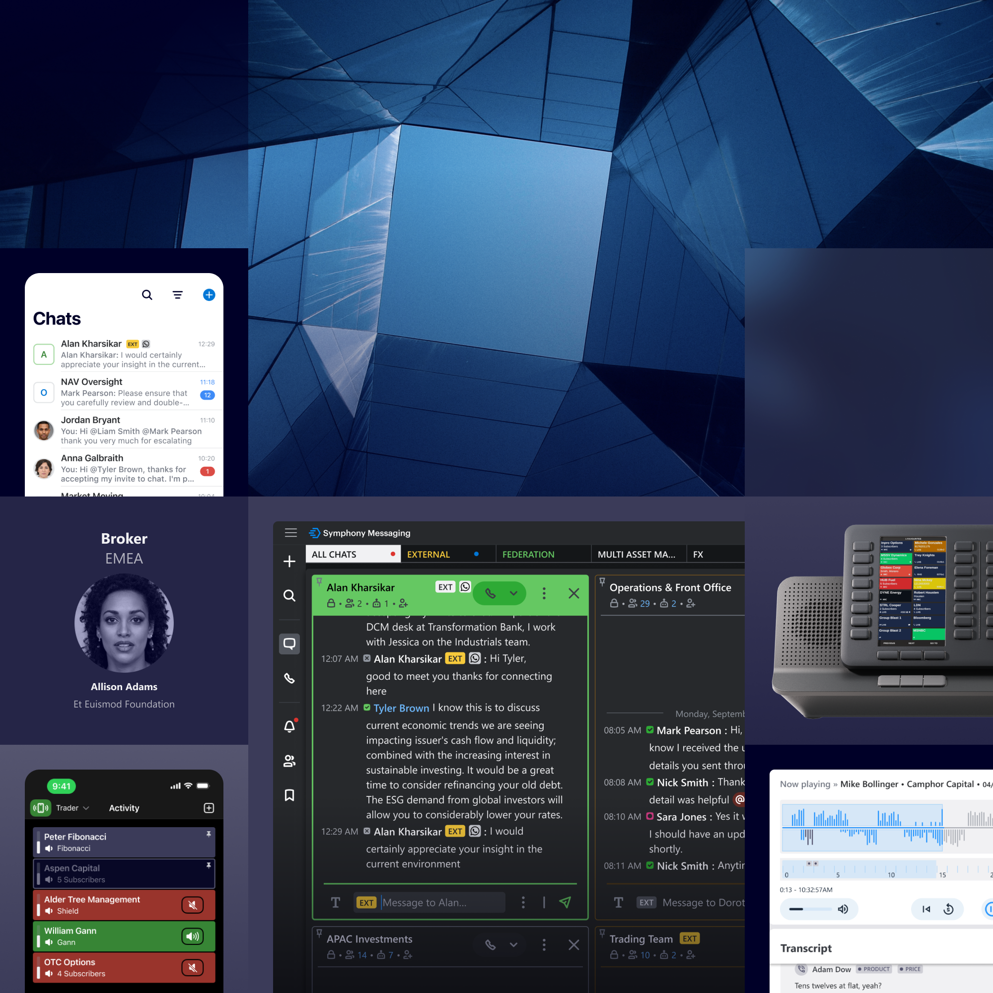Collection of Symphony software products including desktop chat, mobile app and turret hardware